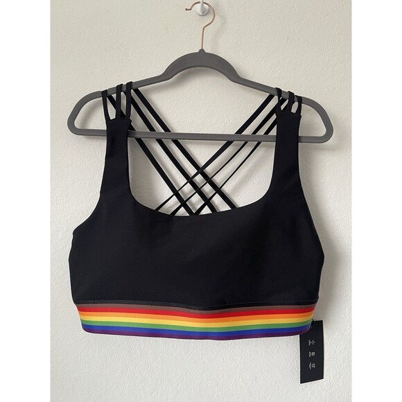 Abercrombie & Fitch YPB Strappy Black Crop Top Rainbow Band Sports Bra Size‎ XXL - Picture 1 of 11